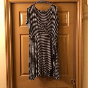 Black and white striped faux wrap dress